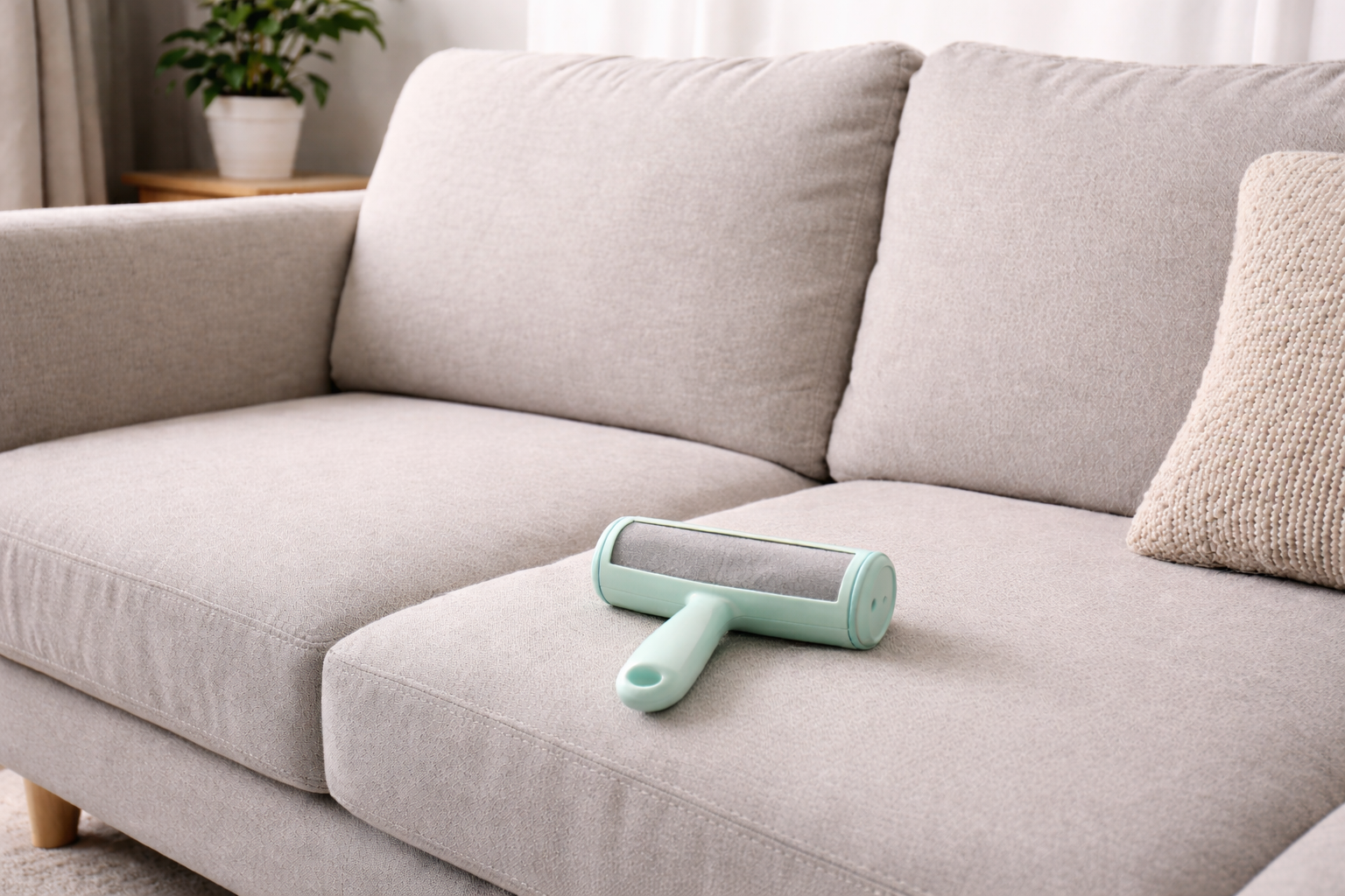 Clean couch after removing dog hair with reusable pet hair remover tool