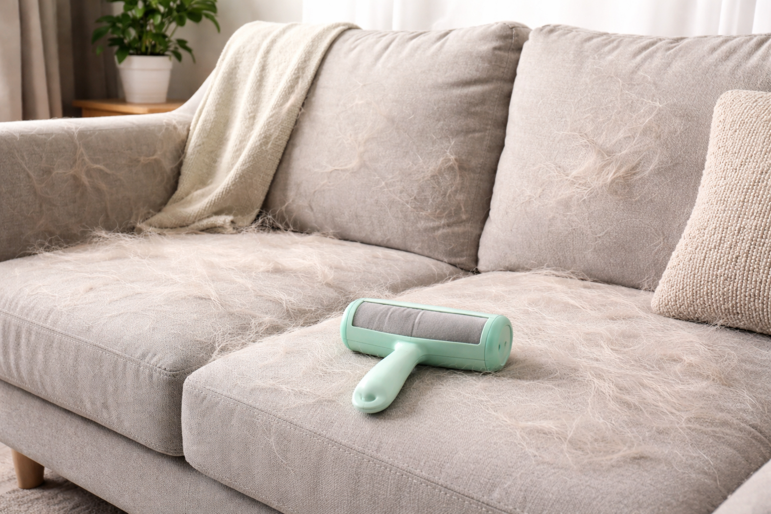 Gray couch covered in pet hair with reusable pet hair remover and common pet hair problems listed