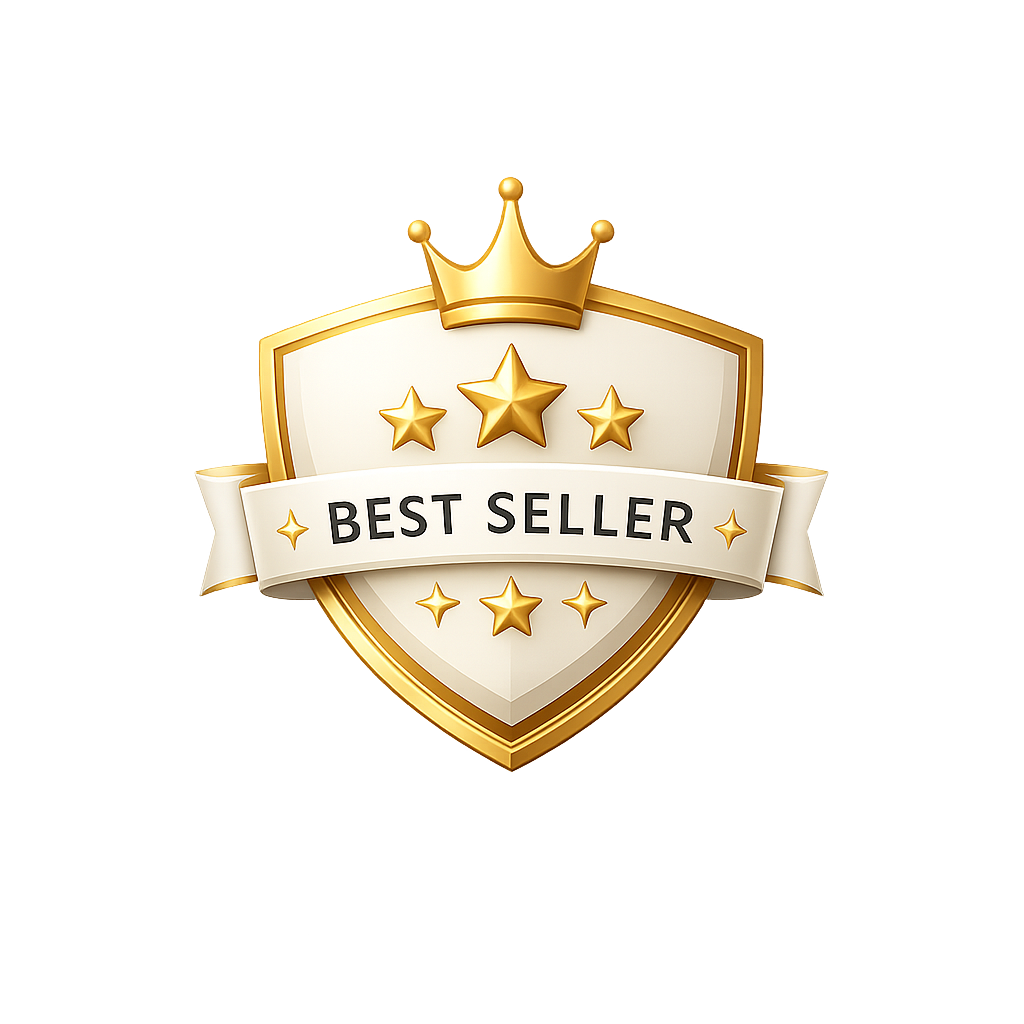 Gold and white 'Best Seller' badge with stars and a crown on a white background