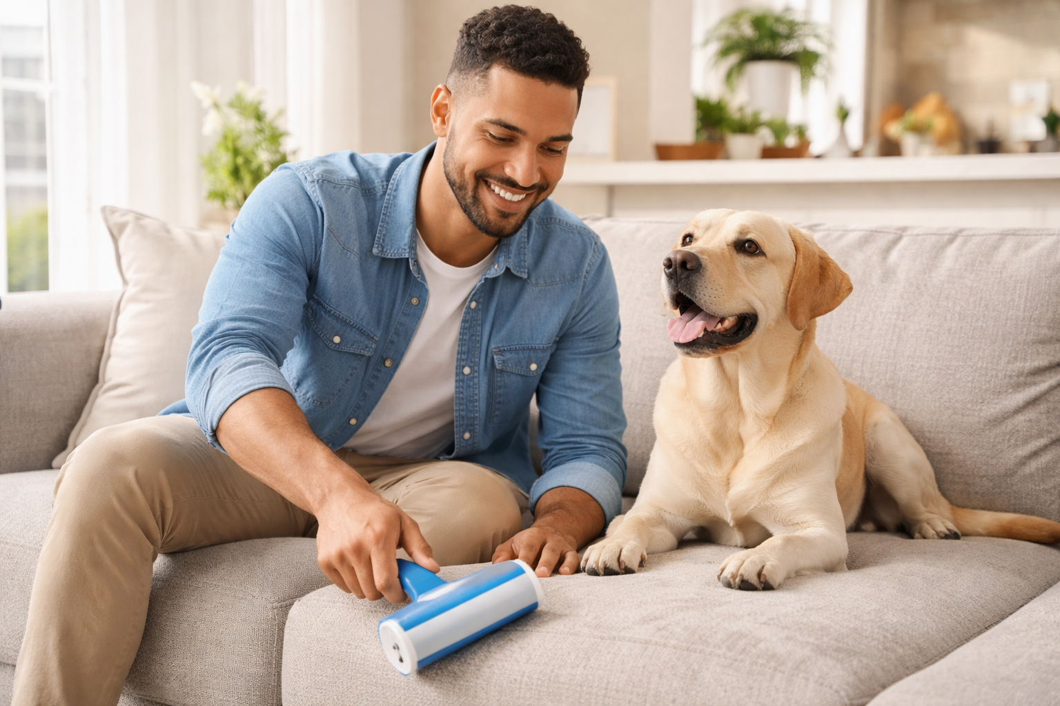 Man removing dog hair from couch with reusable pet hair remover while labrador sits beside him