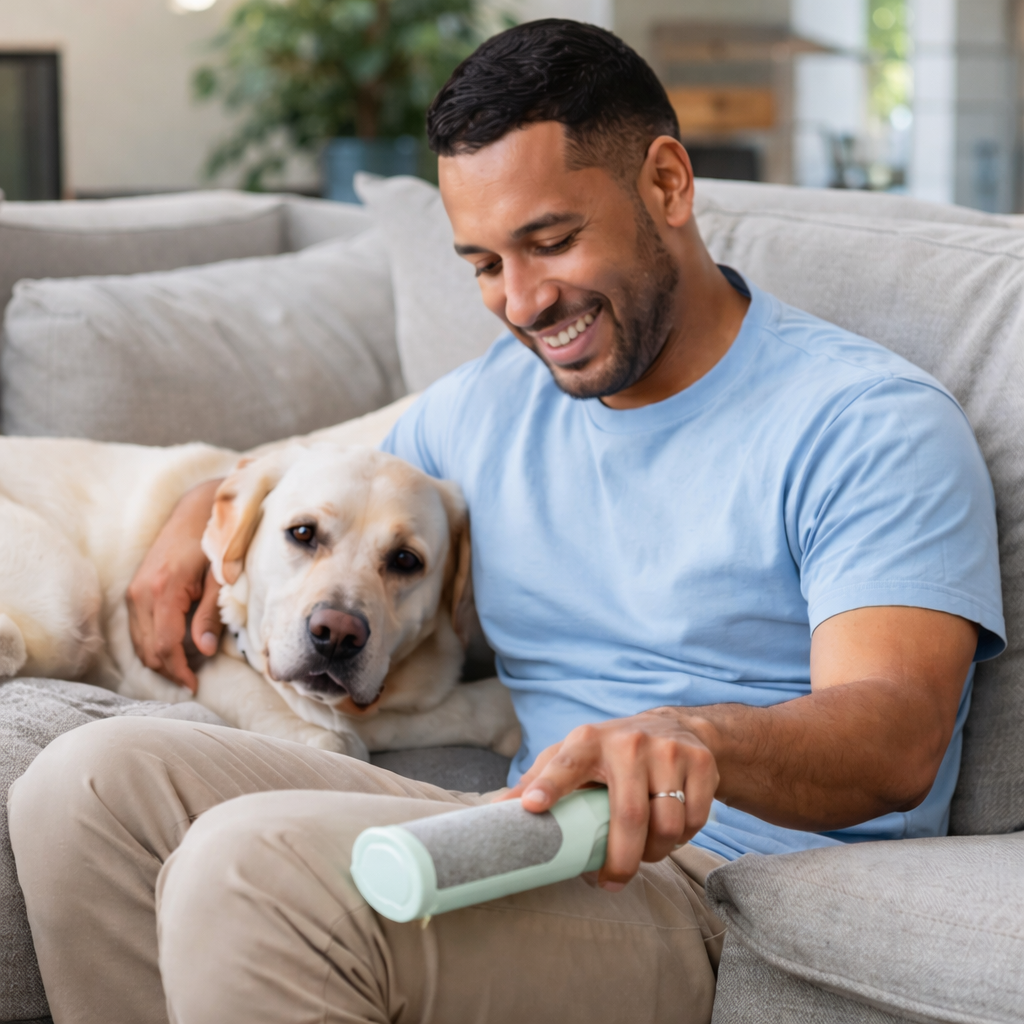 Mixed race man using reusable pet hair remover on couch with labrador dog 
