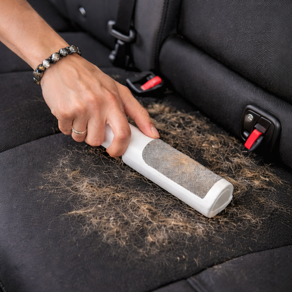 Reusable pet hair remover cleaning dog fur from car seat upholstery