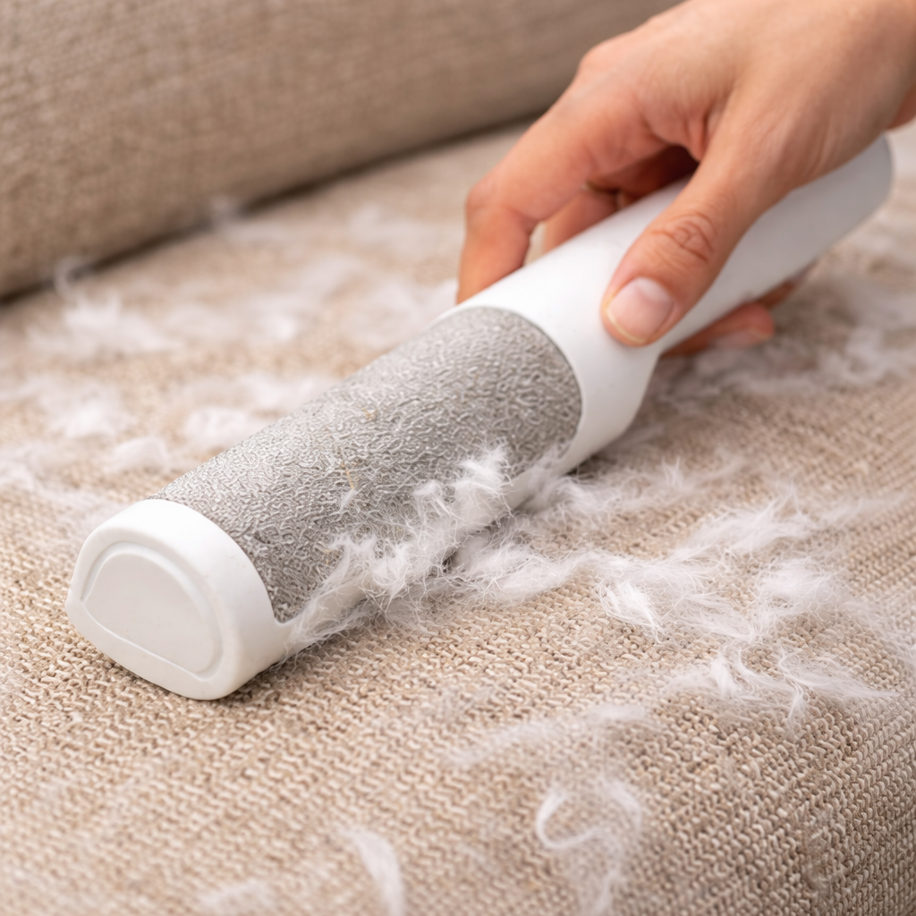 Close-up of reusable pet hair remover removing dog fur from couch fabric