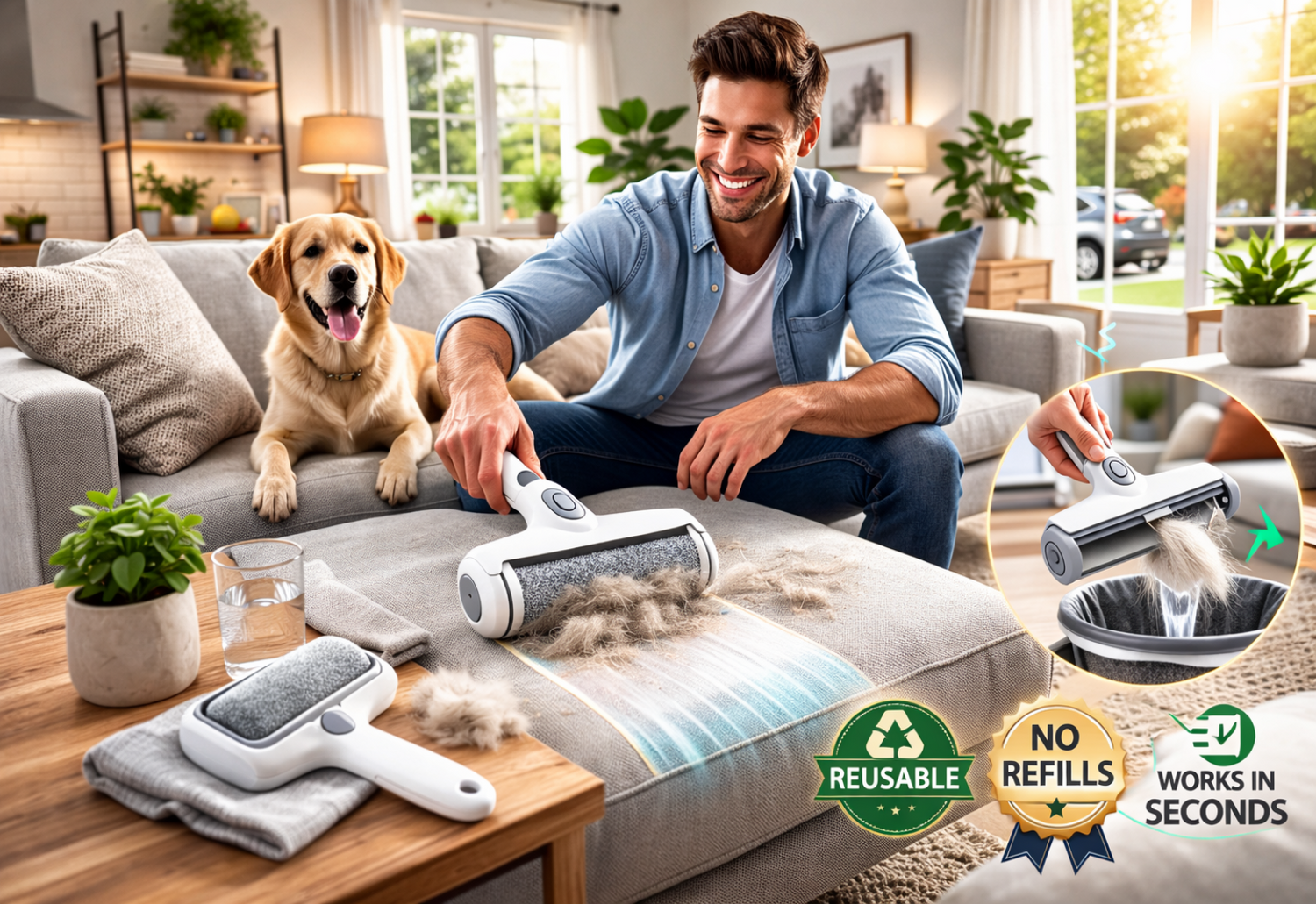 Man using reusable pet hair remover on couch with labrador dog in living room